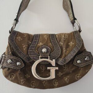Vintage Y2K Guess Monogram shoulder bag, brown/cream with crocodile trim READ